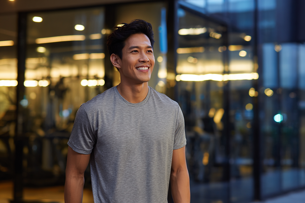A confident person in a fresh Ultifresh t-shirt walking out of a gym, ready for their evening plans.