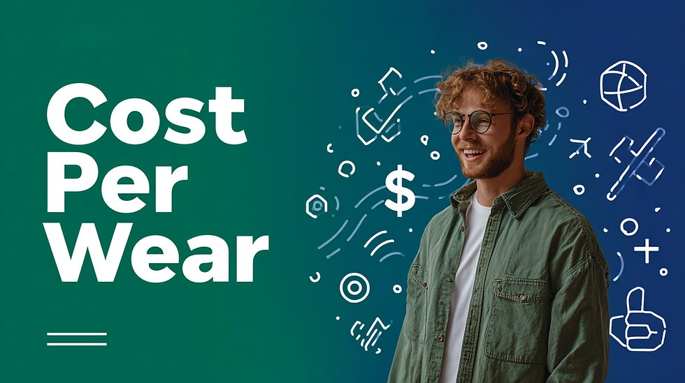 A simple, visually engaging graphic illustrating the "Cost Per Wear" formula with dollar signs and mathematical symbols.
