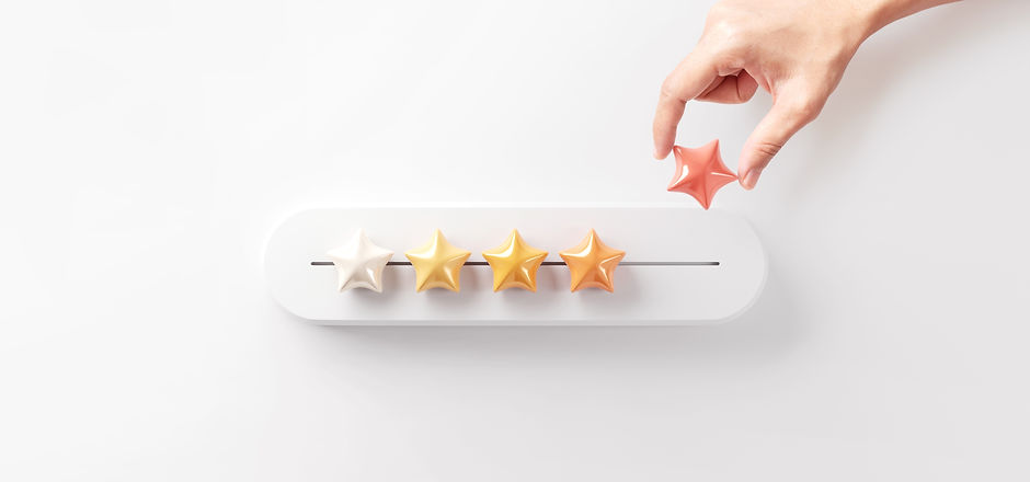 Customer satisfaction meter with star rating. evaluation, Woman hand showing on five star 