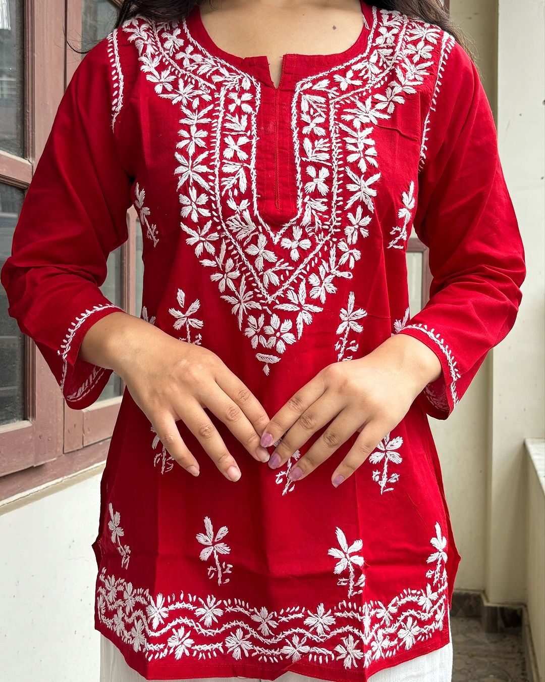 Red Chikankari Short top