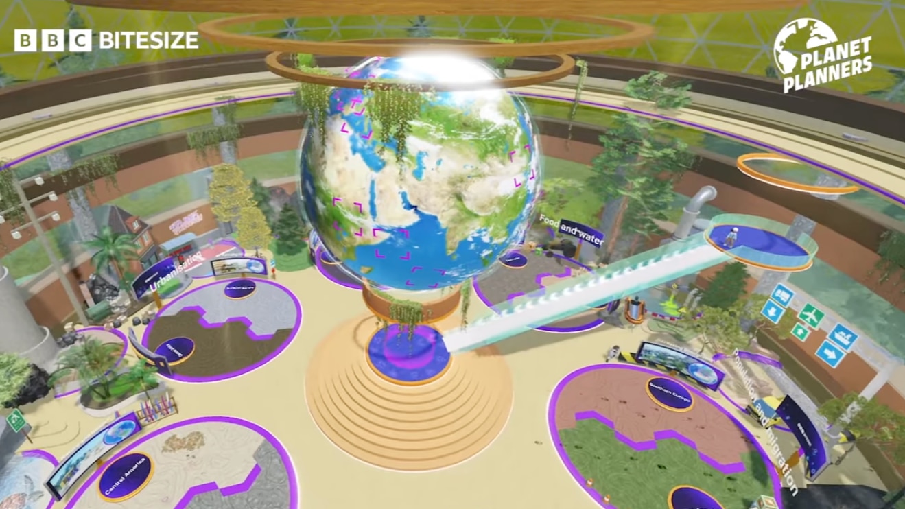 ▲ BBC Bitesize『Planet Planners』のキー画像。英国KS3地理カリキュラムに正式マッピングされた、Roblox初の科目連動コンテンツ。