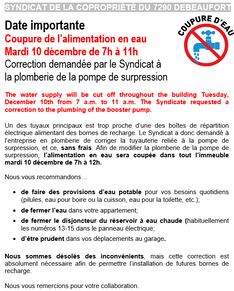 Important - coupure de l'alimentation en eau Mardi 10 décembre de 7h à 11h