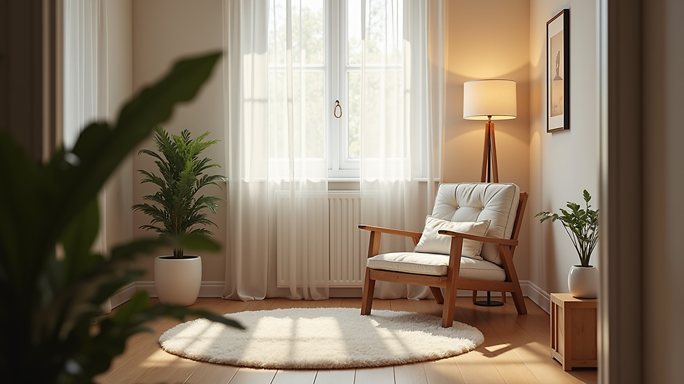 Eye-level view of a cozy therapy office with a comfortable chair and soft lighting