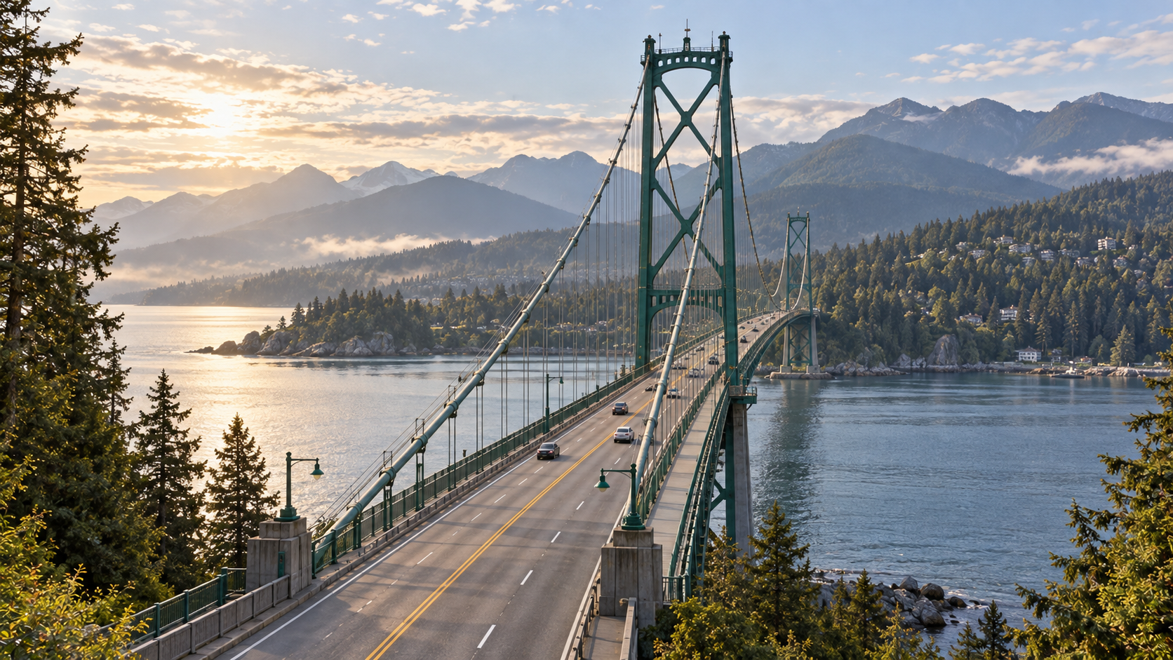 A green suspension bridge crossing peaceful coastal water toward forested mountains in morning light