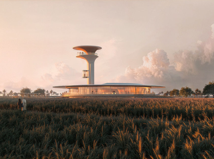 Modern circular observatory building in Sharjah wheat fields at sunset, sustainable architecture blending with desert landscape by Architect Shabeeb Mohammed and Shape Architecture Practice.