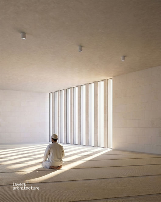 Interior render of the women's upper gallery prayer space. A single male figure in white thobe and taqiyah sits in tashahhud on the prayer mat, facing the wall of vertical limestone fins. Strong diagonal bands of light and shadow from the fin openings fall across the mat and the figure's shoulders.