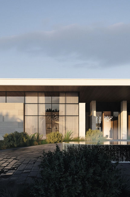 Modern villa with floating roof and glass facade surrounded by greenery, minimalist residential architecture by Shabeeb Mohammed and Shape Architecture Practice.