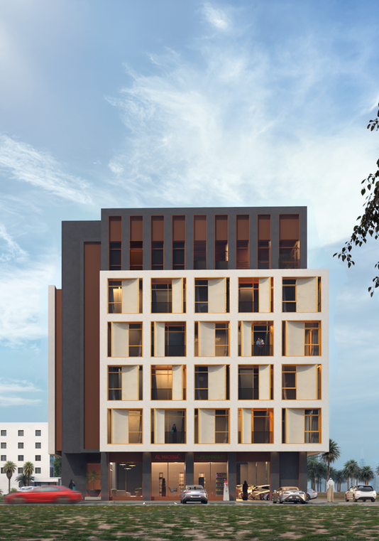 The Drape Residences explore the dialogue between structure and movement. The façade is composed of a disciplined grid where light and shadow shift throughout the day, creating a kinetic play across its surfaces. Curved deep-set frames act like soft drapes, filtering the desert sun while giving rhythm and depth to the elevation. As the light evolves from morning to evening, the building transforms, turning geometry into motion and everyday life into a changing visual experience.