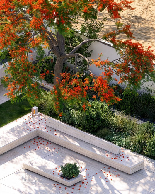 Aerial detail of travertine garden bench beneath flowering flame tree at House in Sur