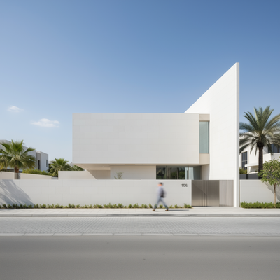 A minimalist stone villa in Casablanca defined by a single high wall, opening the compact site to light and family life across three levels.
