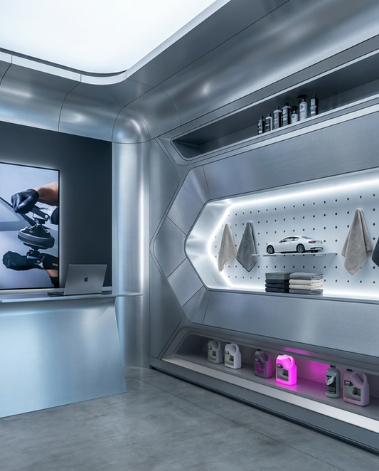Corner view of the back counter zone in a futuristic car detailing studio, showing a satin aluminum counter with an open Apple MacBook Pro, a portrait screen on the dark graphite back wall displaying a polishing detail, and the adjacent right wall niche holding hanging microfibre cloths, a pearl white scale model car, and a row of detailing jugs lit by a magenta accent.
