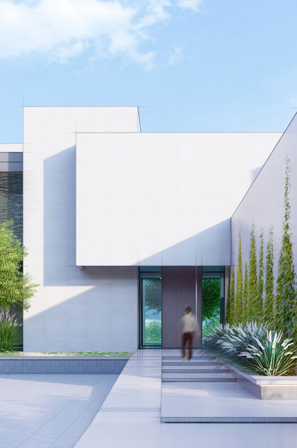 Minimal modern villa with white cubic forms, clean lines, and soft daylight designed by architect Shabeeb Mohammed and Shape Architecture Practice.