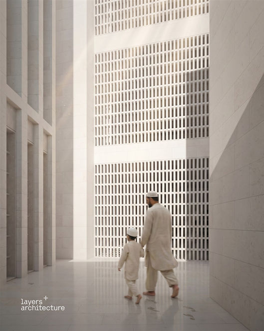Close exterior render showing the perforated limestone screen facade of the mosque. A father and young son walk along the base of the screen wall. The grid of rectangular openings casts shadows across the pavement.