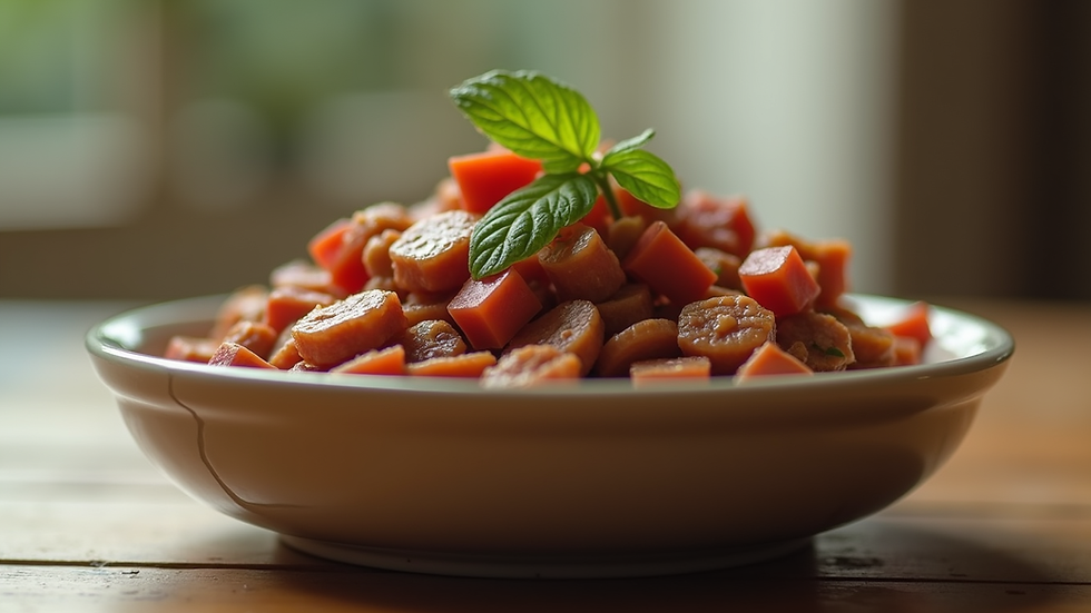 Eye-level view of a bowl filled with fresh dog food containing meat and vegetables