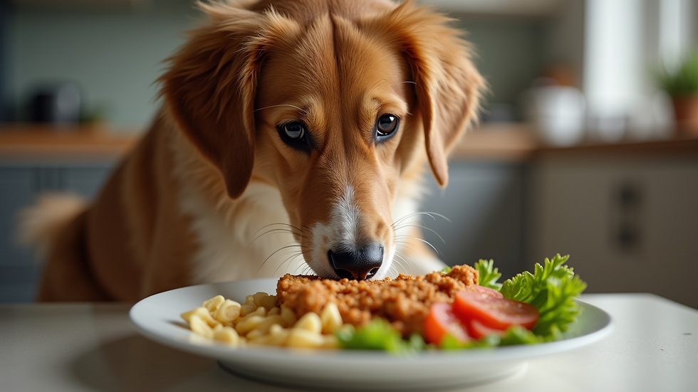 Close-up view of a dog eating a balanced homemade meal