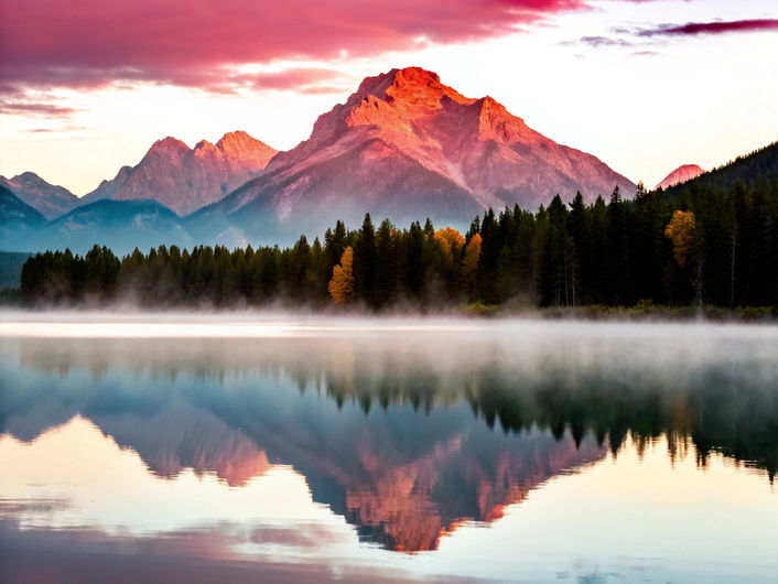 Mountain range reflected in a still lake at sunrise