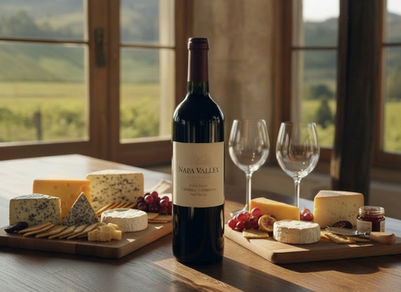 Red wine bottle, glasses, and cheese boards with a vineyard view.