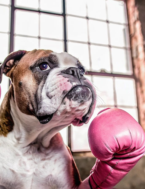 Bulldogge mit pinkfarbenen Boxhandschuhen