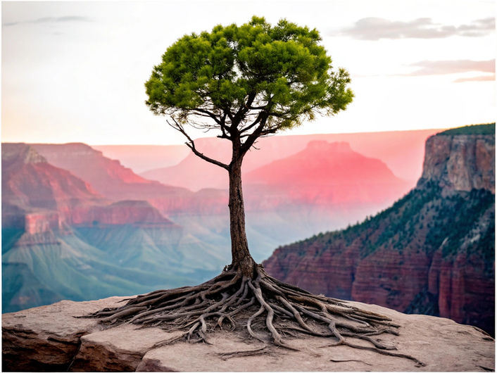 Lone tree with exposed roots growing on a cliff overlooking a mountain range at sunset