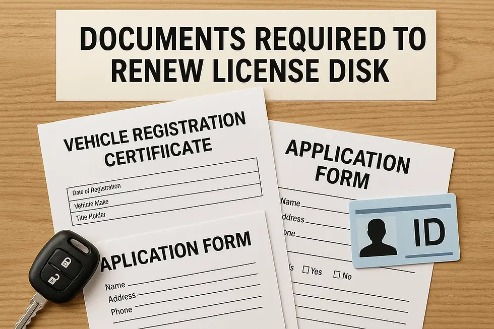 Documents required to renew license disk, vehicle registration certificate, application form and ID.