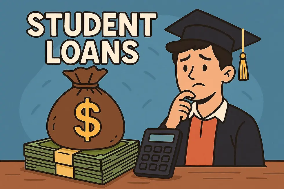 Student Loans title beside money and graduate calculating, Applying for Student Loans.