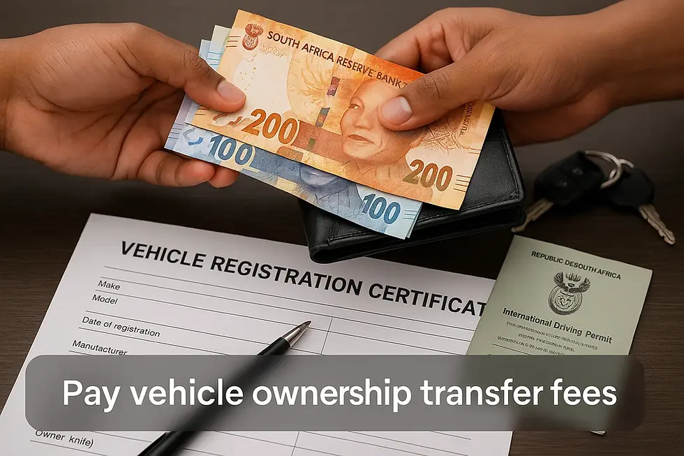 Hands exchange money for vehicle registration, transferring vehicle ownership process