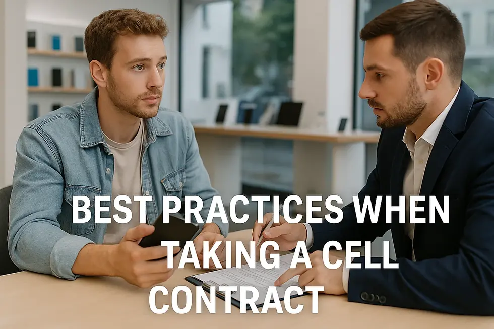 Two men review cell contract: Best practices when taking a cell contract.