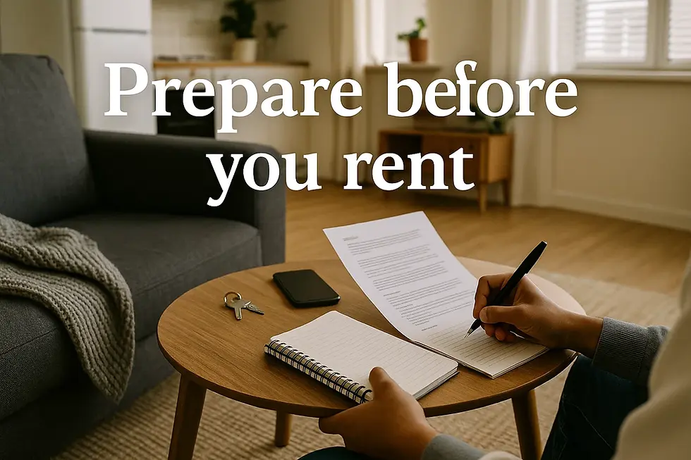 Person prepares to rent with notepad and documents on table