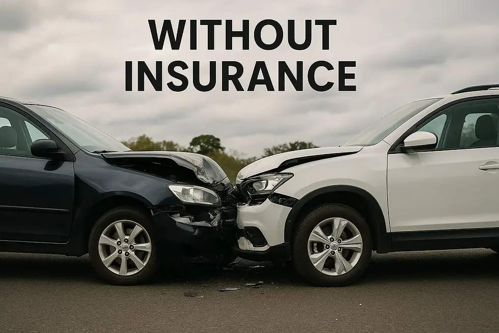 Cars collide with text WITHOUT INSURANCE; Vehicle Accidents and property damage.