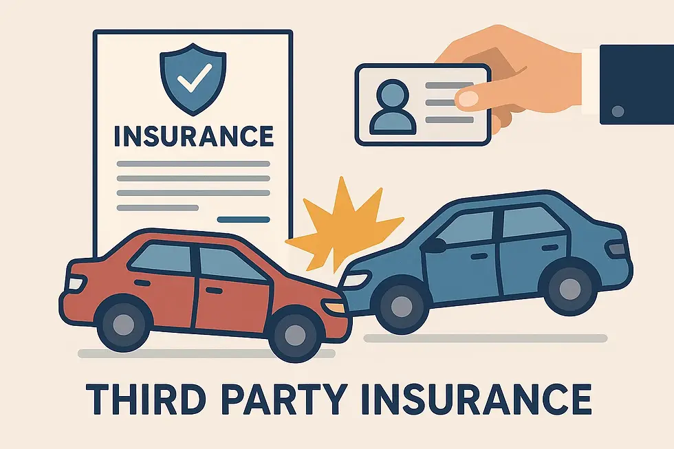 Cars collide, Insurance document, hand with card, “Third Party Insurance” concept.