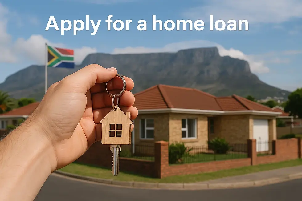 Hand holding house key with Apply for a home loan, South African flag.