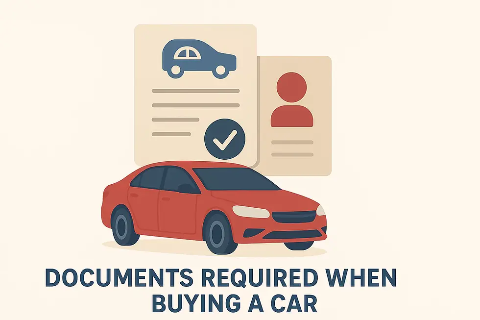 Red car with documents displayed, Documents Required When Buying a Car.
