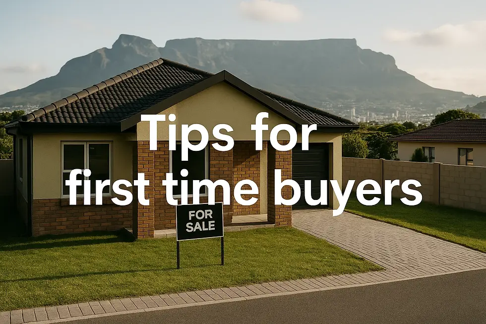 House with the sign for sale, text says: Tips for first time buyers.