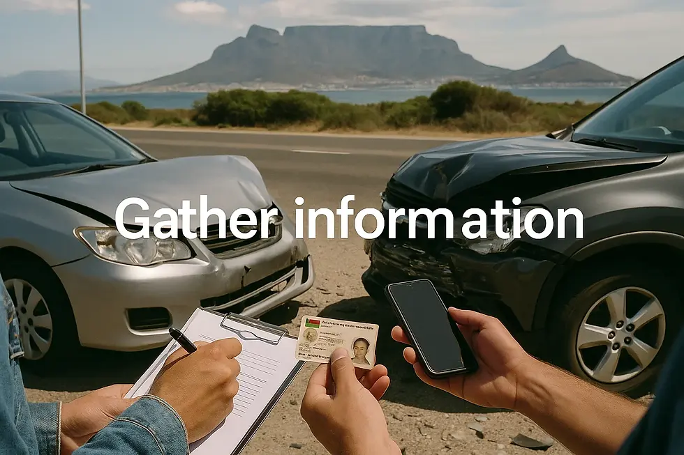 Cars involved in an accident with Gather information, Vehicle Accidents, Cape Town background.