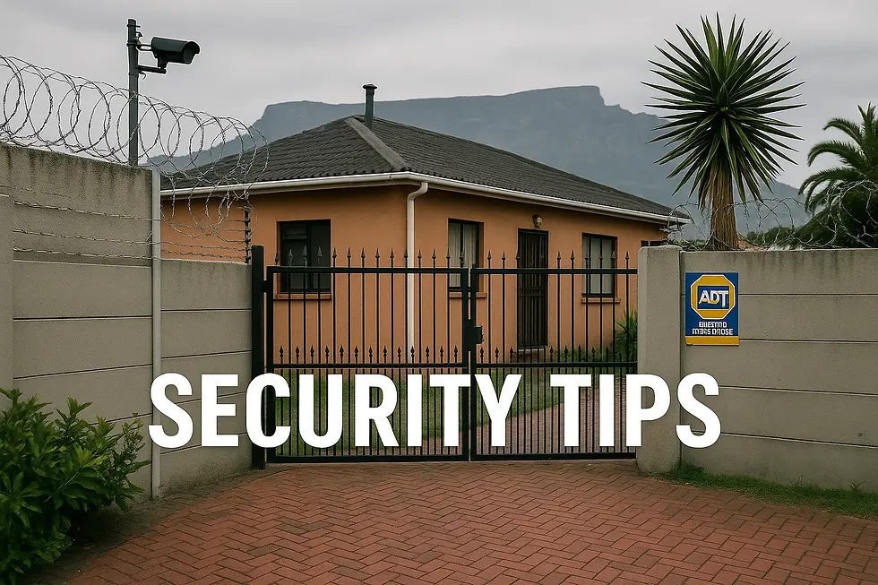 Orange house with gate labeled Security Tips, Securing your Home, in front of mountain.