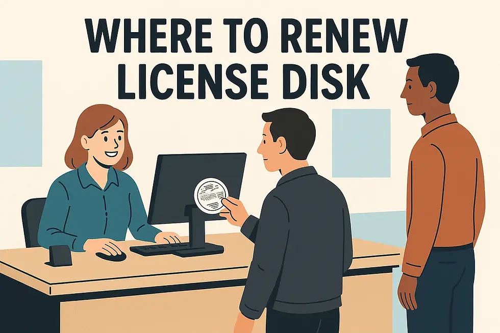 Man renewing license disc at counter with employee where to renew.