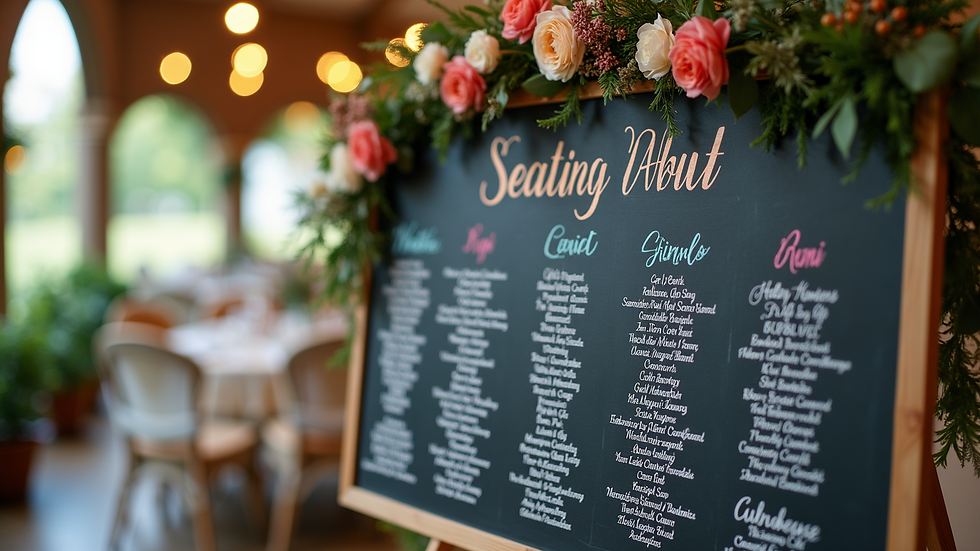 High angle view of chalkboard seating chart with colorful chalk writing and floral decorations