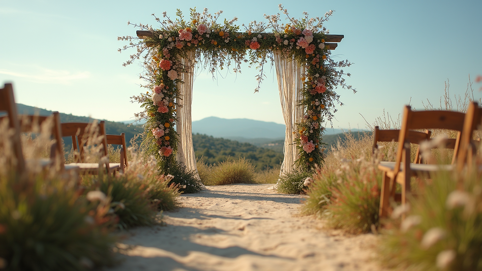 Eye-level view of a rustic outdoor wedding arch decorated with wildflowers and macramé