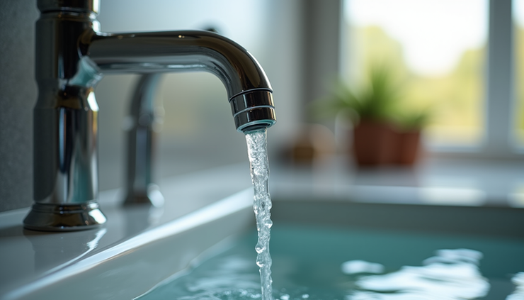 Eye-level view of a residential water faucet with clear water flowing