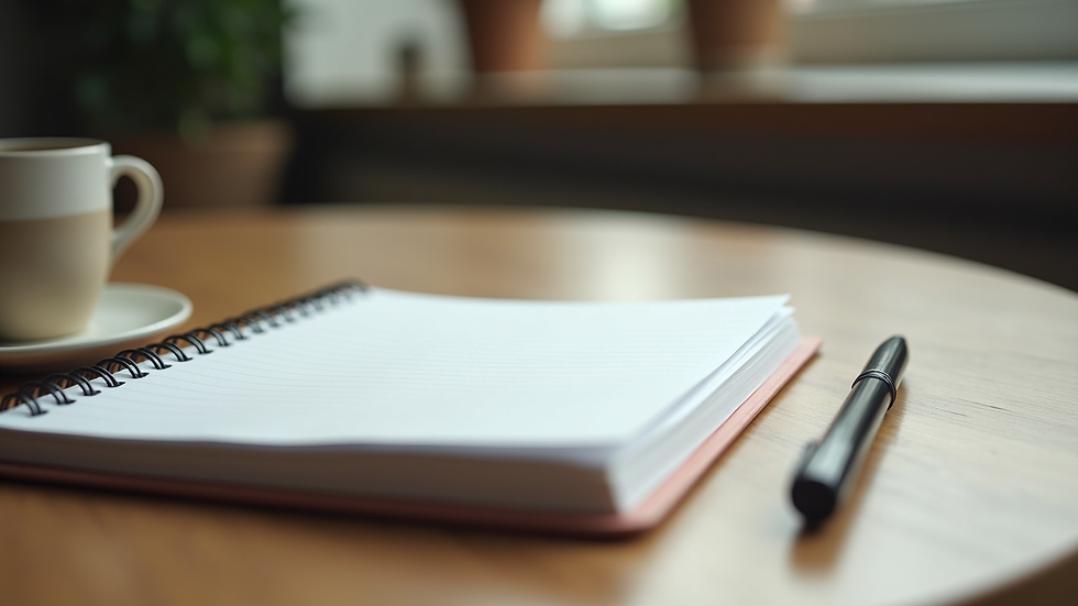 Close-up view of notebook with notes and a pen on a wooden table