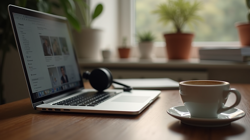 Eye-level view of a cozy home office setup with a headset and a cup of coffee