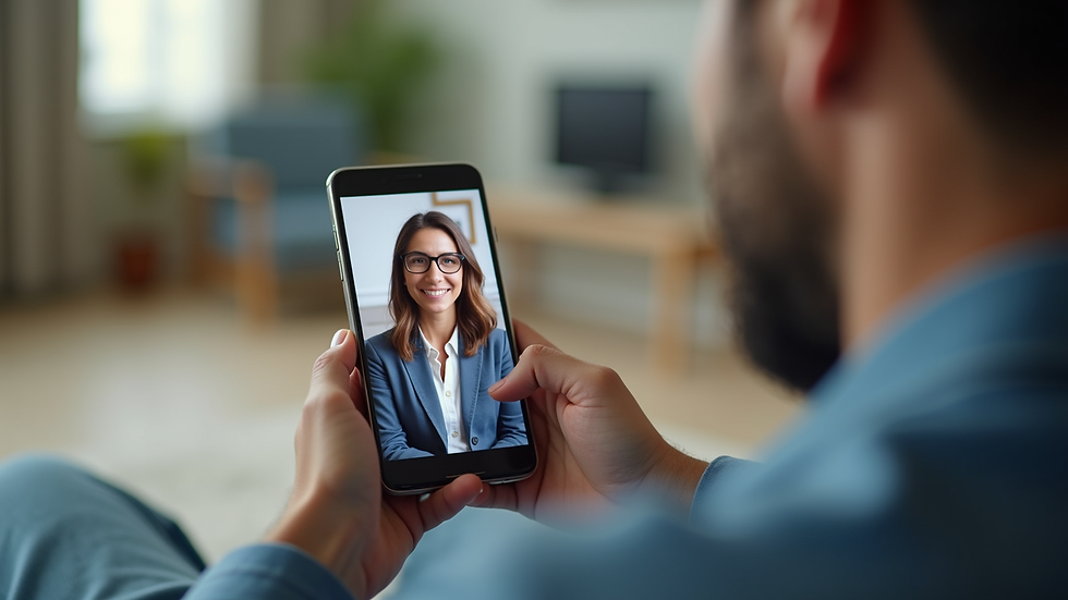Close-up view of a smartphone showing a video call with a therapist