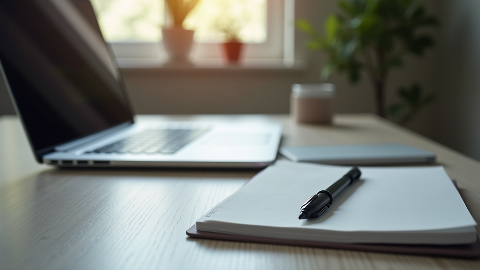 Close-up view of a laptop on a desk with a notebook and pen