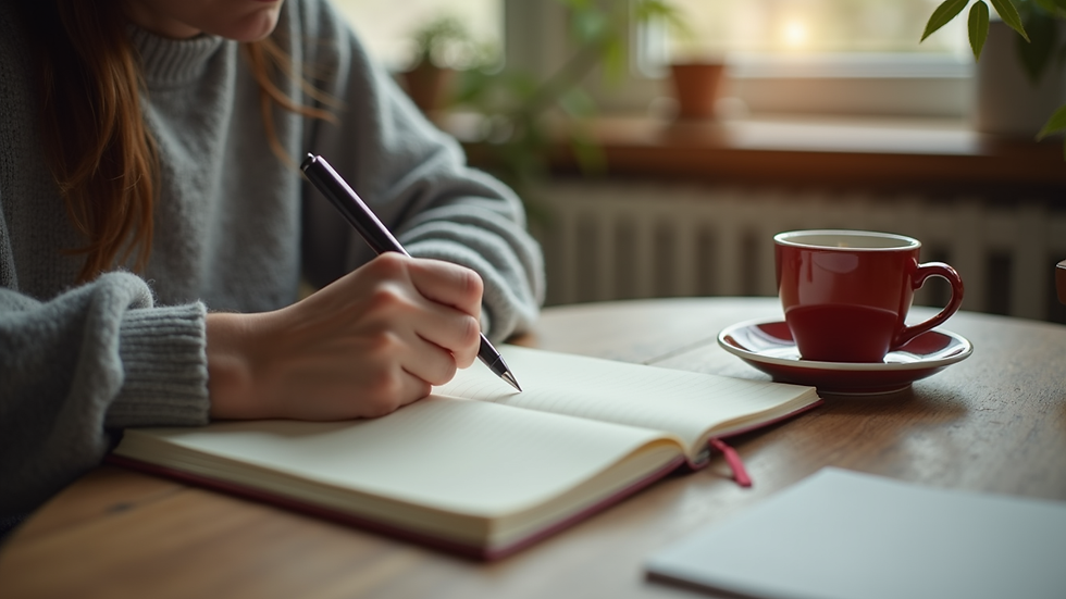 Close-up view of a person writing in a journal with a cup of tea nearby