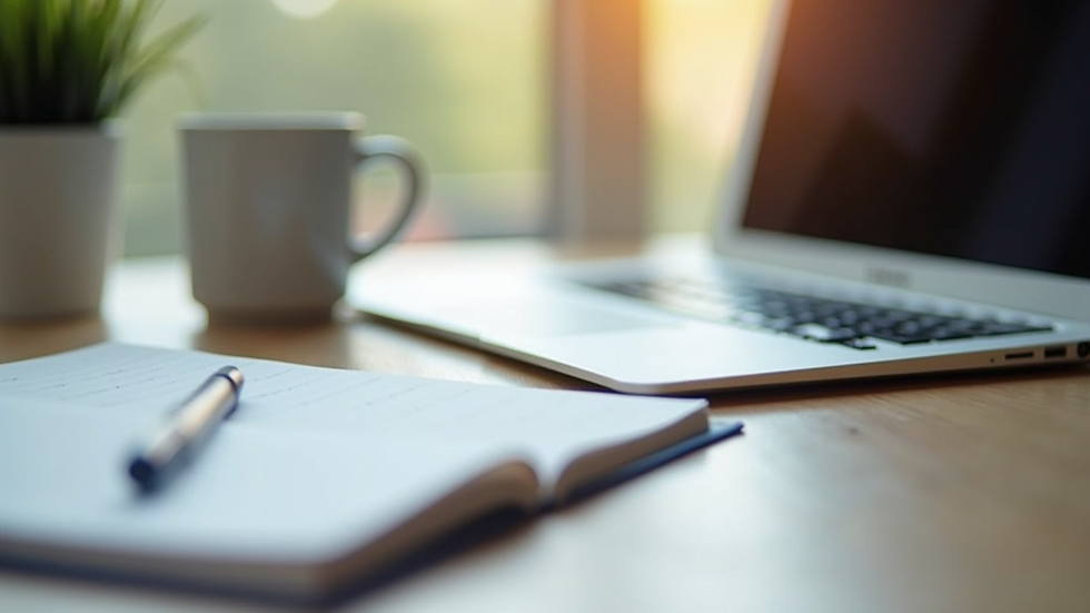 Eye-level view of a workspace with a notebook, coffee cup, and laptop