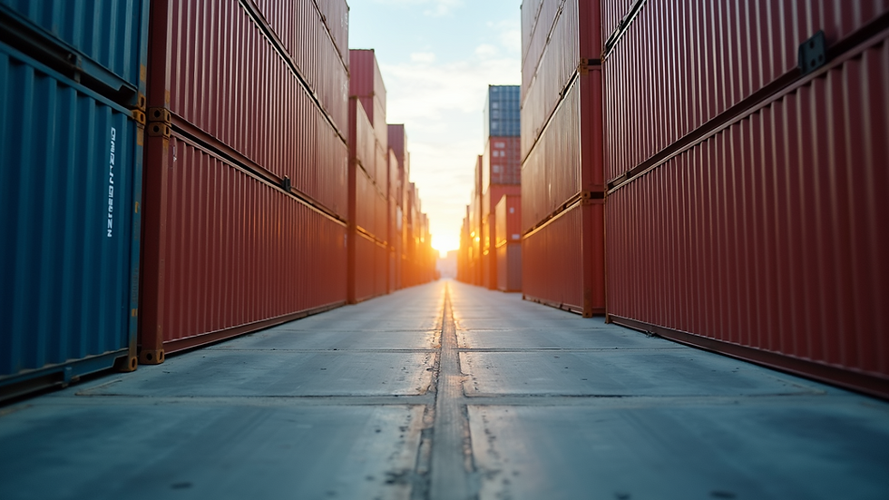 Eye-level view of a bustling logistics facility showcasing container arrangements