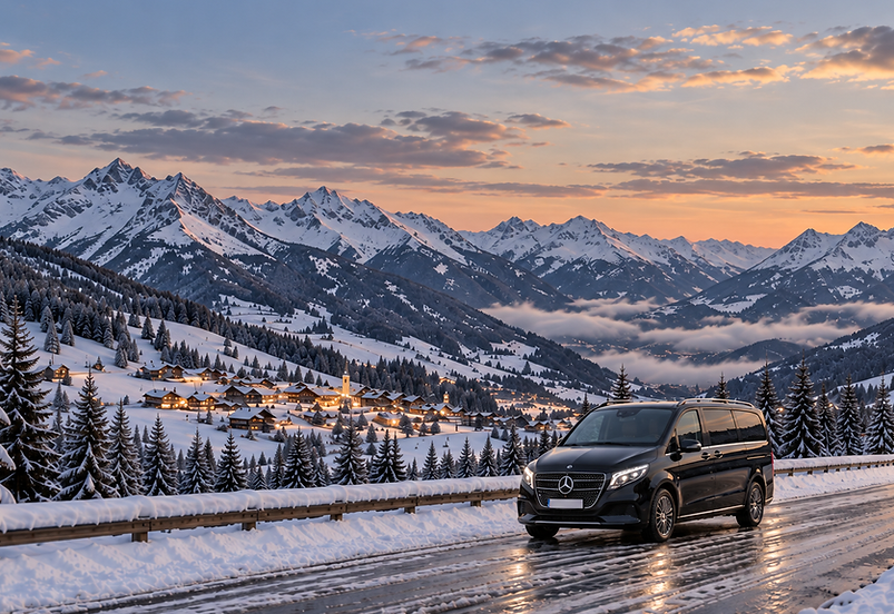 Mercedes tra le Alpi al tramonto