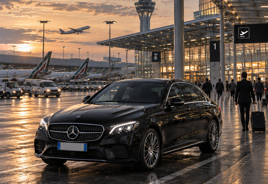 Mercedes Classe E in aeroporto al tramonto