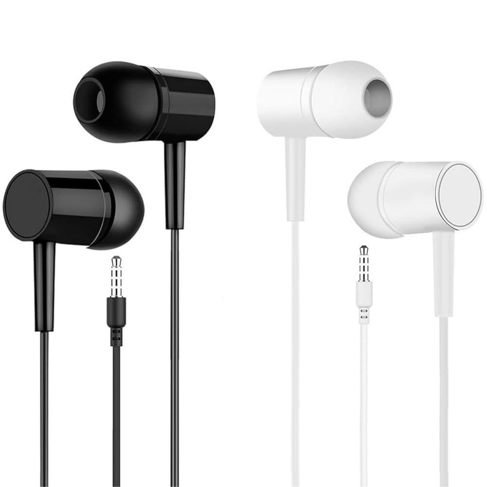 Wired Earbuds 2 Packs 3.5mm Noise Isolating Black+White Wired Earphones with Mic
