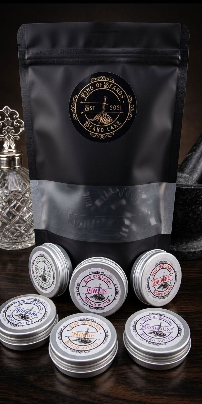 King of Beards collection of six beard butter tins arranged in front of a large matte black stand-up pouch on a dark wood sur